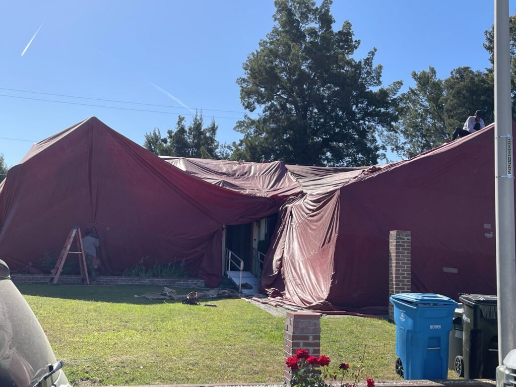 Technicians from Z Best Pest Solutions performing termite fumigation on a residential house in San Jose, CA.