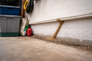 A clear image of a termite mud tube on a foundation wall, indicating a pest problem, addressed by Tailor Made Pest and Wildlife in Louisville, KY.