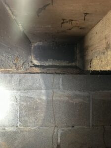 Close-up of termite mud tubes on a crawl space wall, indicating active termite infestation for The Pest Detective in Cleveland, OH.