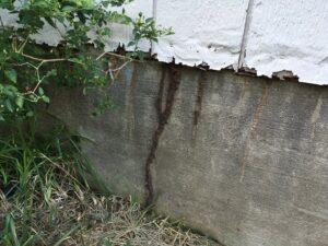 Termite mud tubes visible on the foundation of a house, indicating a pest control inspection and treatment job by Beeline Pest Control Texas in San Antonio, TX.