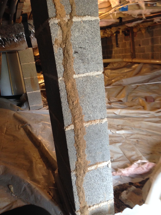Termite mud tubes visible on a concrete block pillar in a crawl space, showing pest control work by Lookout Pest Birmingham, AL.