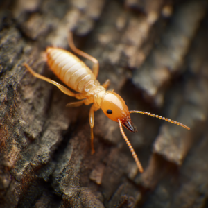A close-up of a termite on wood, indicating a common pest problem addressed by C4 Pest Solutions in Wittmann, AZ.