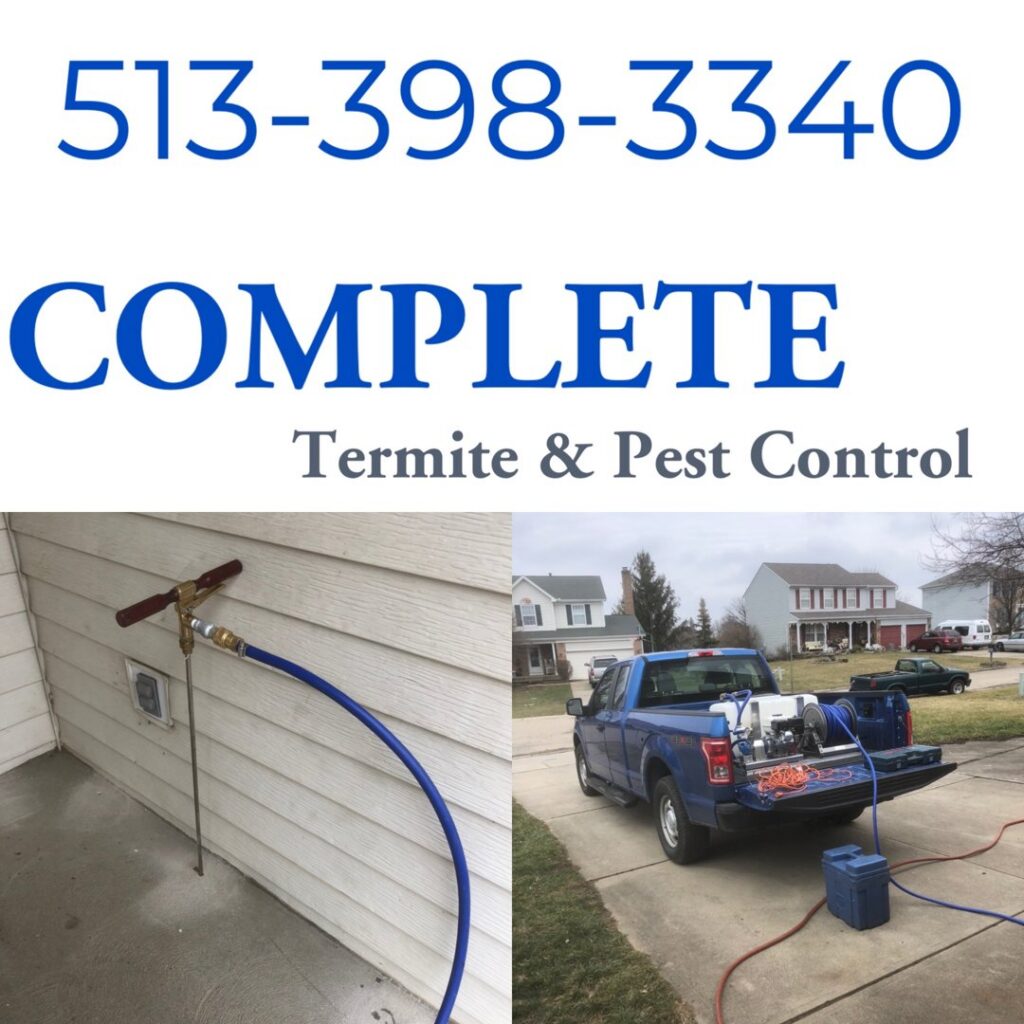 A termite treatment service in progress with a treatment rod and company truck by Complete Termite & Pest Control in Mason, OH.