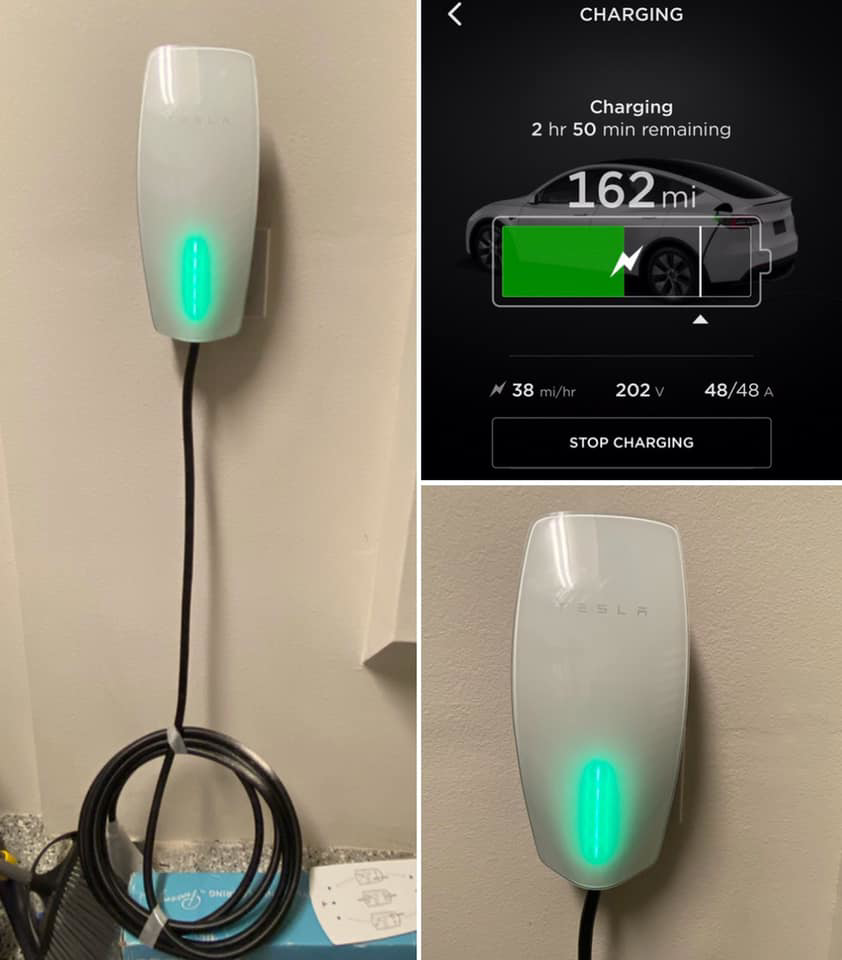 A professionally installed Tesla EV charger on a wall, showing the car charging status, by 626 POWER LLC in Tucson, AZ