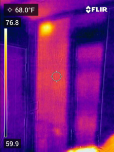 Thermal imaging revealing a hot spot on a wall, suggesting a pest infestation, from A&E Bee Extraction and Control in Mount Pleasant, SC.