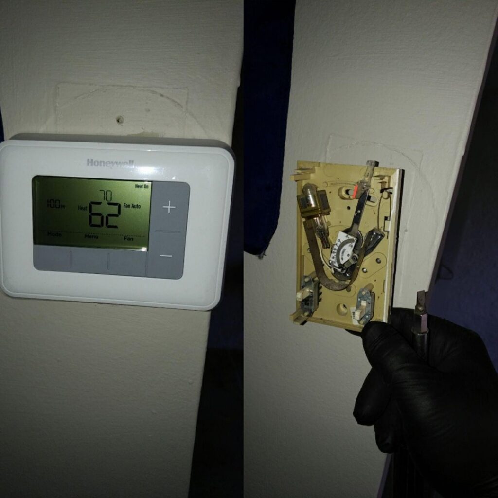 Before and after image of a thermostat replacement and installation by Wilcox Services in Temple Hills, MD.