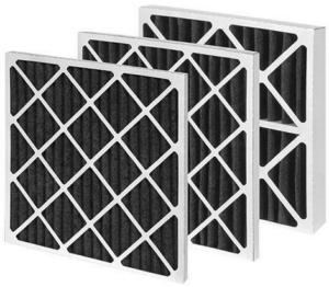 Three black carbon HVAC air filters, available from Sierra Filtration Products, Inc. for improved air quality in Reno, NV.