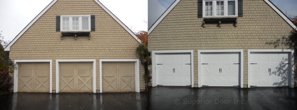 Before and after comparison of three garage door replacements by Superior Garage Door in Saint Paul, MN, showing new white panel doors.