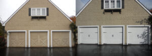 Before and after comparison of three garage door replacements by Superior Garage Door in Saint Paul, MN, showing new white panel doors.