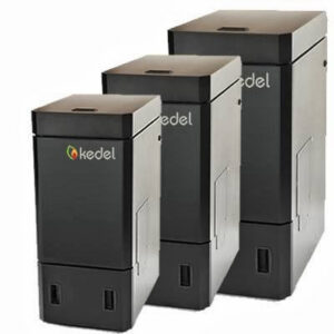 Three Kedel pellet boiler units of varying sizes, representing the range of heating solutions offered by Kedel Boilers in Portland, ME.