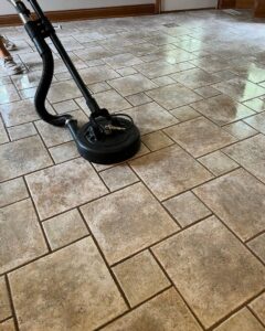 Professional tile floor cleaning in progress by Trent's Carpet Cleaning & Restoration in Fishers, IN.