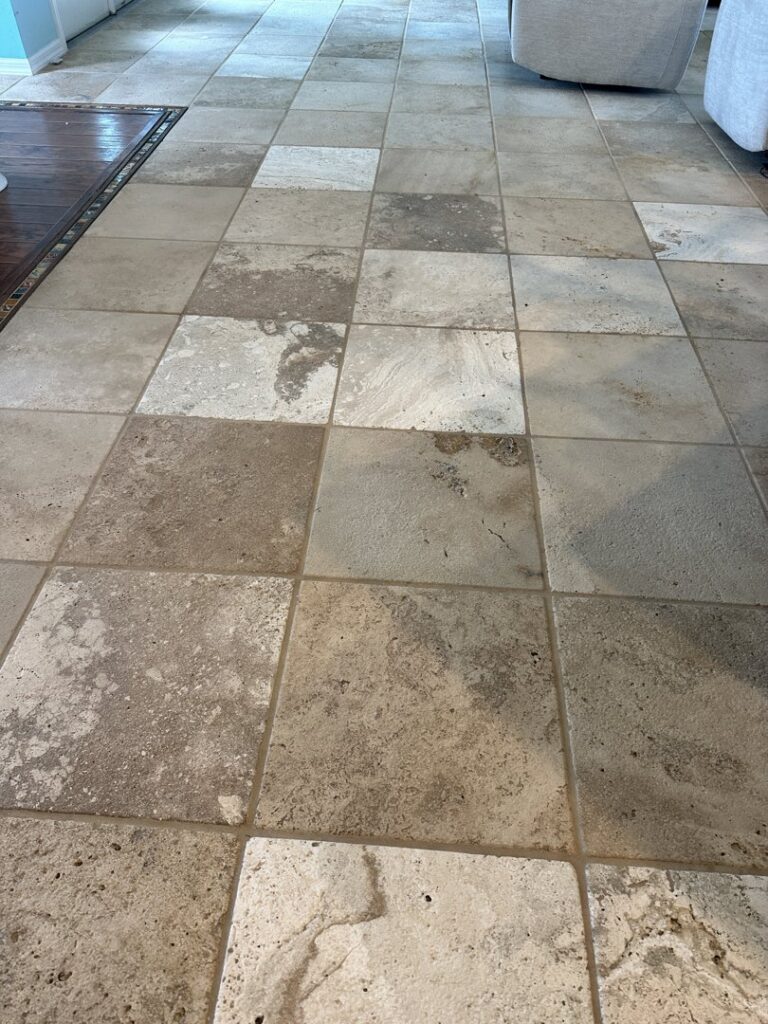 Before and after comparison of tile and grout cleaning by Captain Steamer in Cape Coral, FL.