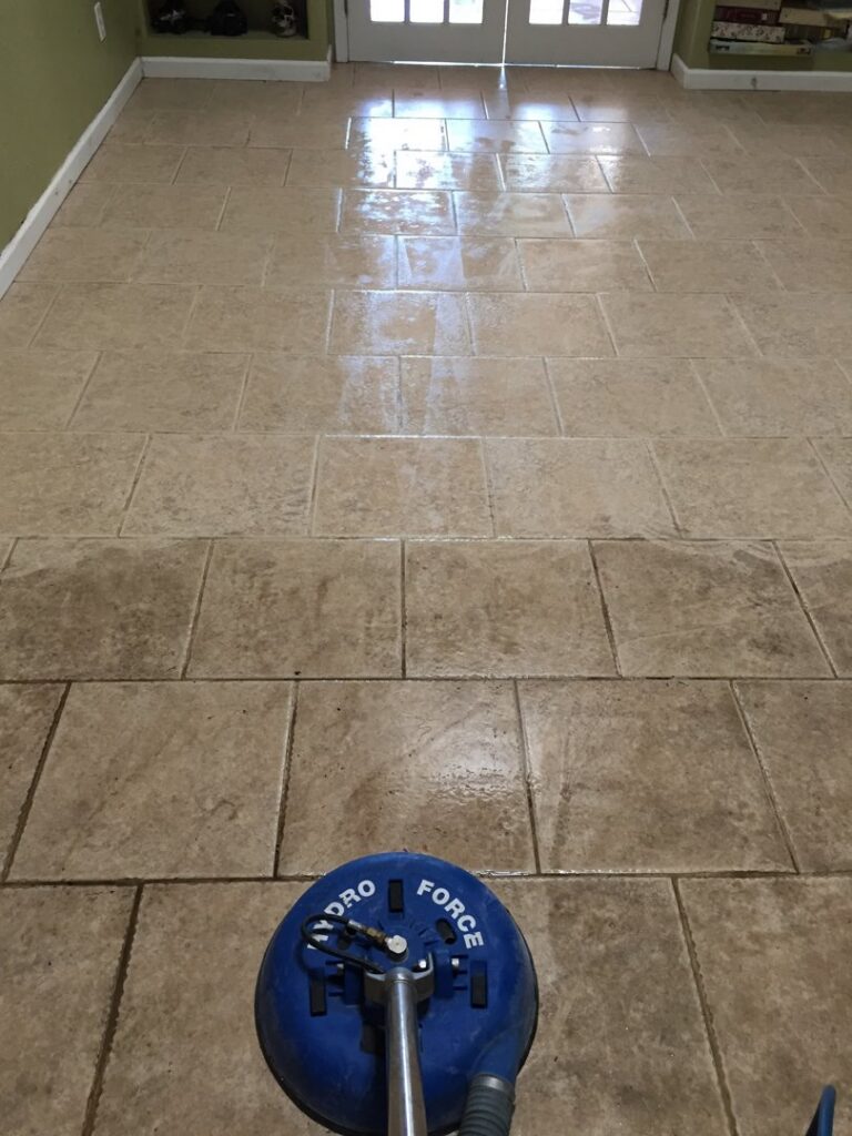 Professional tile and grout cleaning in progress by Arizona Steamers Carpet Care in Phoenix, AZ.