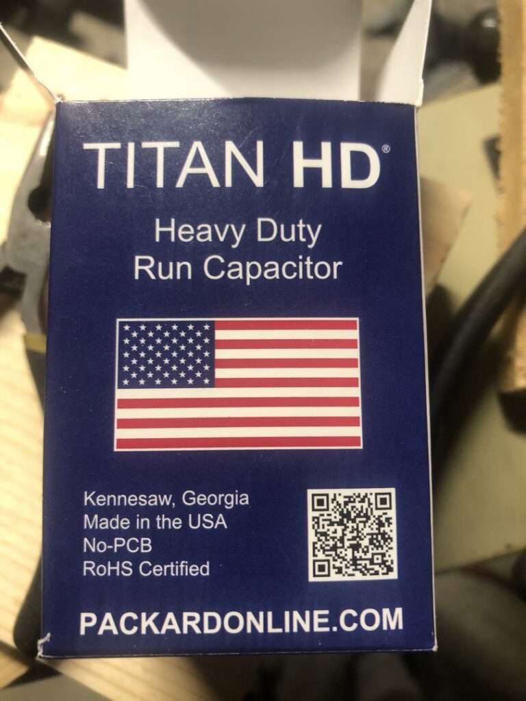 A box for a Titan HD heavy-duty run capacitor, an HVAC part used by A-1 Electric Motor Service in Covington, KY.