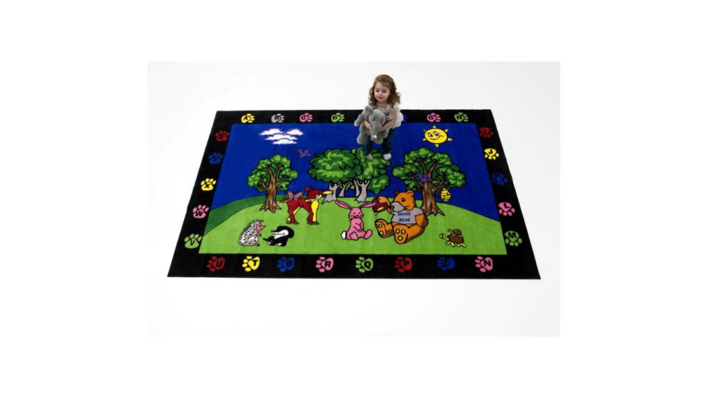 A toddler playing on a vibrant forest and animal-themed carpet by Conexxo Kids Carpets in Miami, FL.