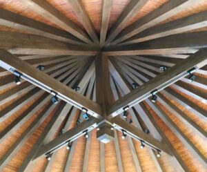 Track lighting installed on a decorative wooden ceiling by BIG Services in Springfield, MO.