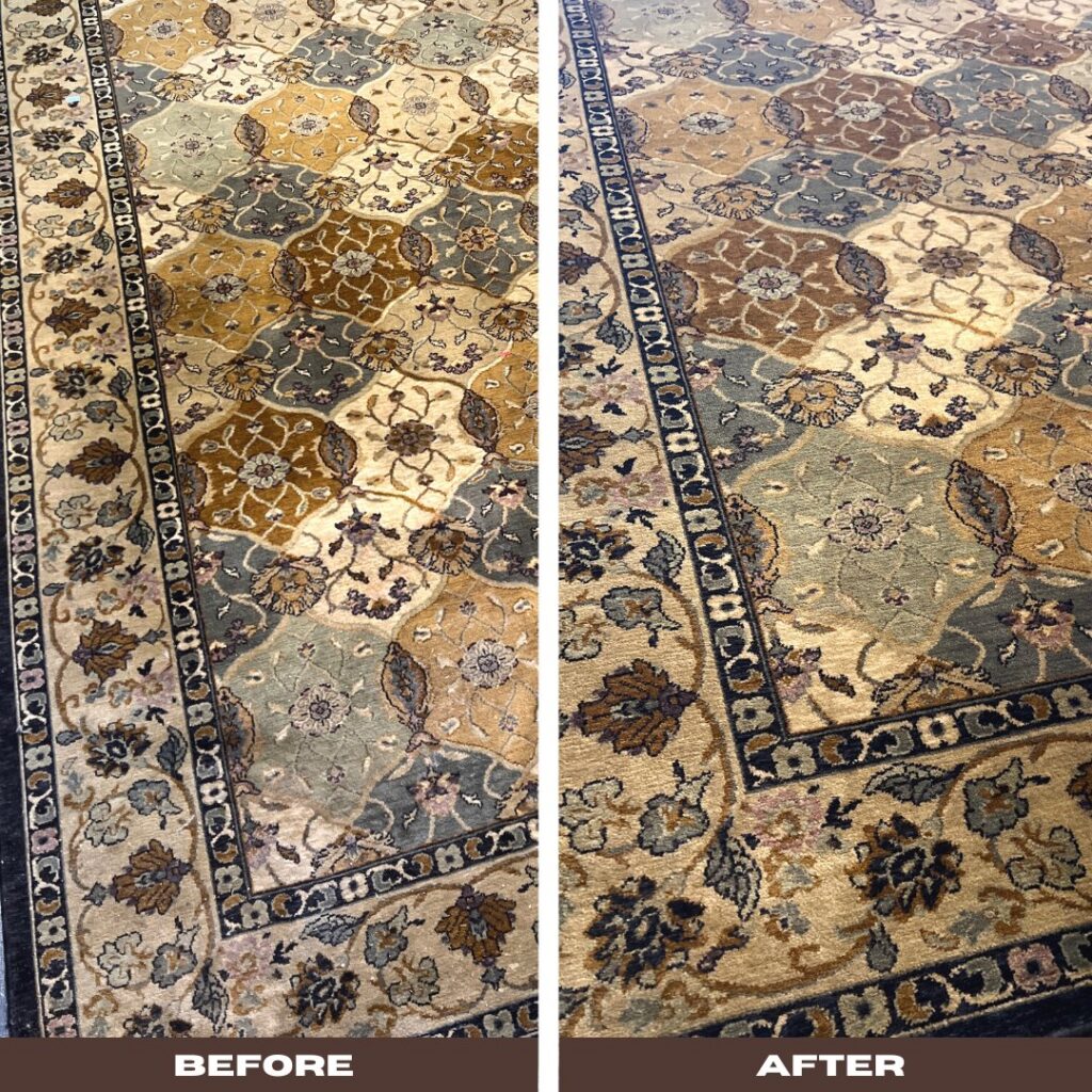 Before and after cleaning a traditional patterned area rug by Arkansas Floor and Upholstery Care LLC in Fort Smith, AR.