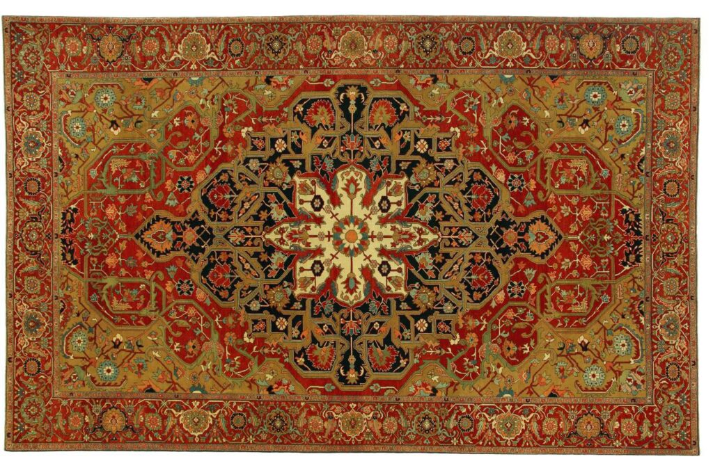 A luxurious traditional red and gold carpet, exemplifying the selection at Woven Legends in Philadelphia, PA.