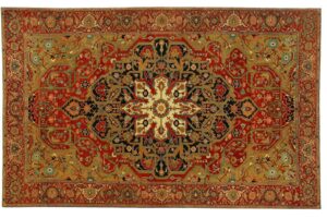 A luxurious traditional red and gold carpet, exemplifying the selection at Woven Legends in Philadelphia, PA.