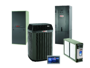 A display of Trane HVAC systems including a furnace, AC unit, and thermostat from Tri County Heating and Cooling in Longmont, CO.