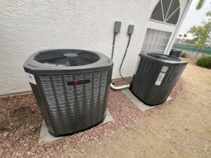 Two Trane outdoor HVAC condenser units installed by Blue Collar HVAC in Las Vegas, NV.