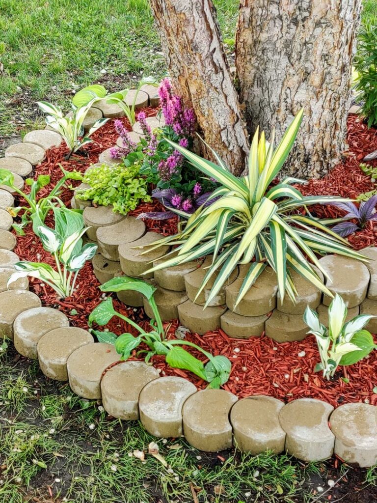 Decorative landscaping around a tree base with red mulch and stone edging, a service by K&R Lawn Care in Pass Christian, MS.
