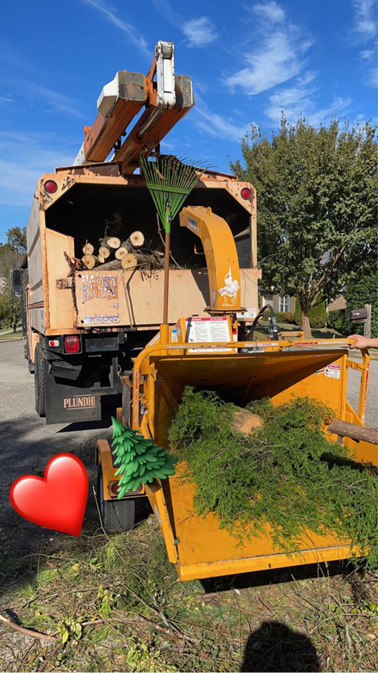 A large truck and wood chipper processing tree branches for Greener Grounds Lawn and Tree in Birmingham, AL