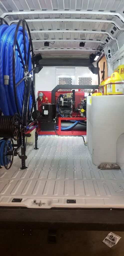 A complete truck mount carpet cleaning system installed inside a service van by El Diablo Truck Mounts in Rapid City, SD.