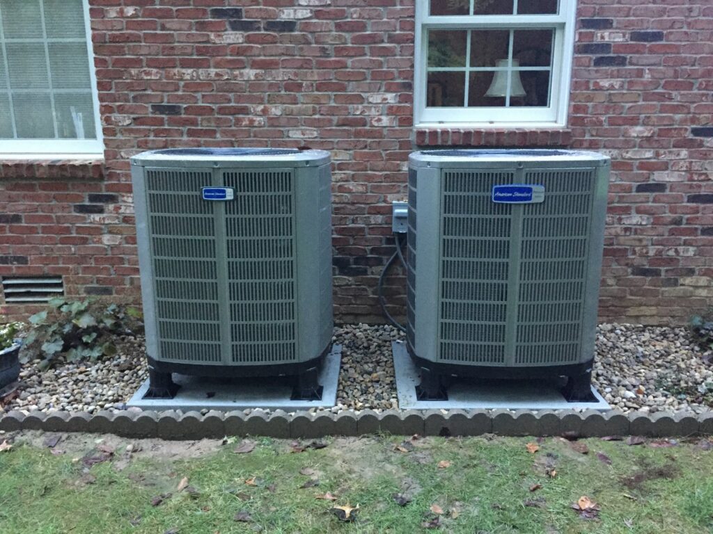 Two American Standard outdoor AC units installed side-by-side by Fellowship Heating and Cooling in Indianapolis, IN.