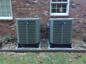 Two American Standard outdoor AC units installed side-by-side by Fellowship Heating and Cooling in Indianapolis, IN.