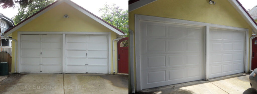Before and after comparison of two garage door replacements by Superior Garage Door in Saint Paul, MN, showing new white panel doors.