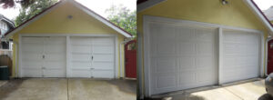 Before and after comparison of two garage door replacements by Superior Garage Door in Saint Paul, MN, showing new white panel doors.
