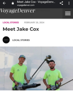 Two lawn care professionals from Green Team Denver, CO, holding a leaf blower and string trimmer.