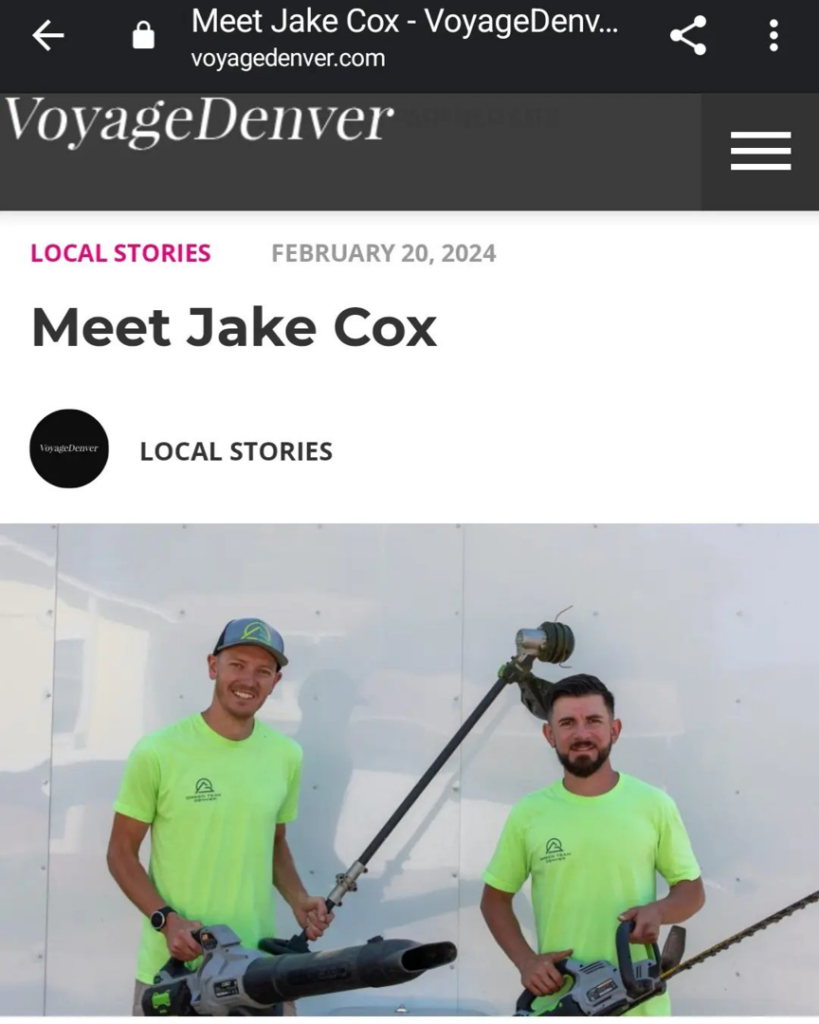 Two lawn care professionals from Green Team Denver, CO, holding a leaf blower and string trimmer.