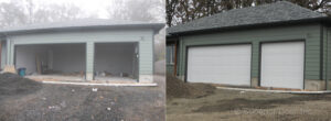Before and after comparison of two new garage door installations by Superior Garage Door in Saint Paul, MN, showing white panel doors.