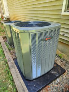 Two new Trane outdoor air conditioning units installed side-by-side by Sizemore Heating & Air, LLC in Chapel Hill, NC