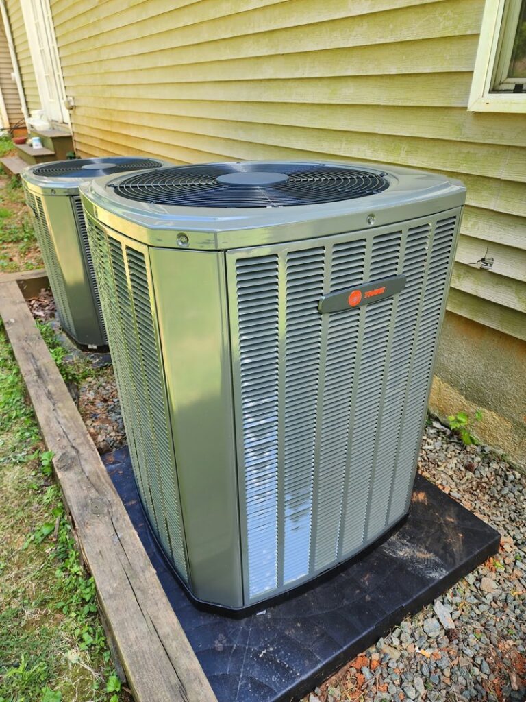 Two new Trane outdoor air conditioning units installed side-by-side by Sizemore Heating & Air, LLC in Chapel Hill, NC