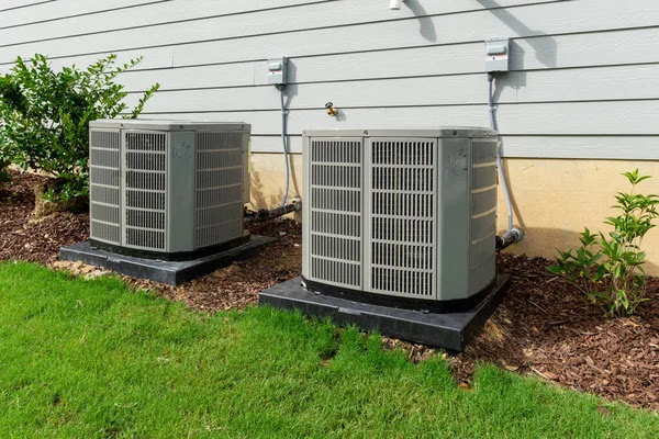Two outdoor air conditioning condenser units installed next to a residential building by PNW Spokane Heating and Air in Spokane, WA.