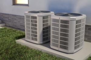 Two modern outdoor air conditioning units installed next to a residential building by Climate Control in San Antonio, TX