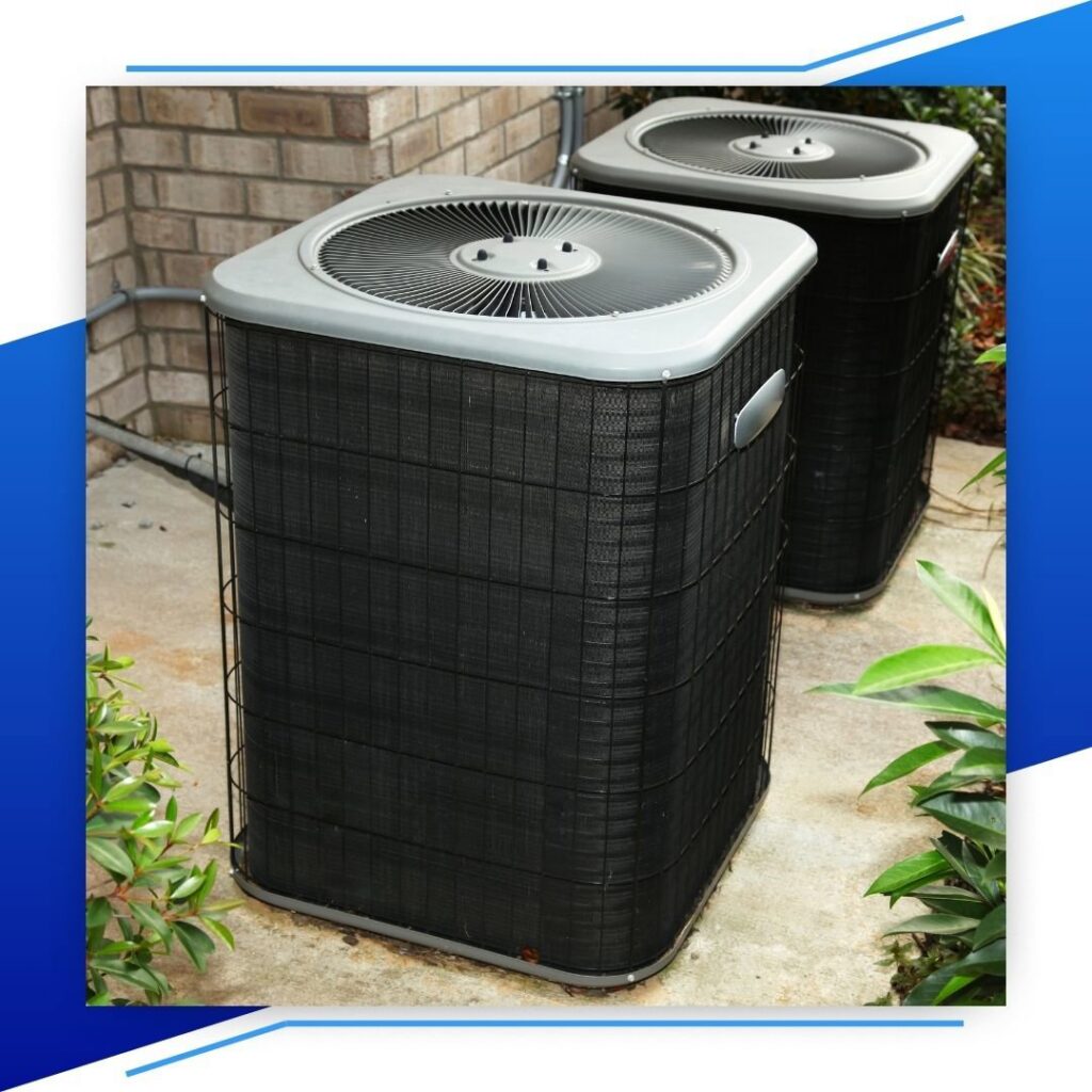 Two outdoor AC units installed next to a brick wall, serviced by Lighthouse HVAC, LLC in Edgewater, MD.