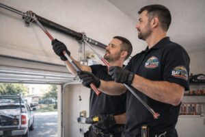 Two Baystate Garage Door technicians adjusting a garage door torsion spring in Milton, MA.
