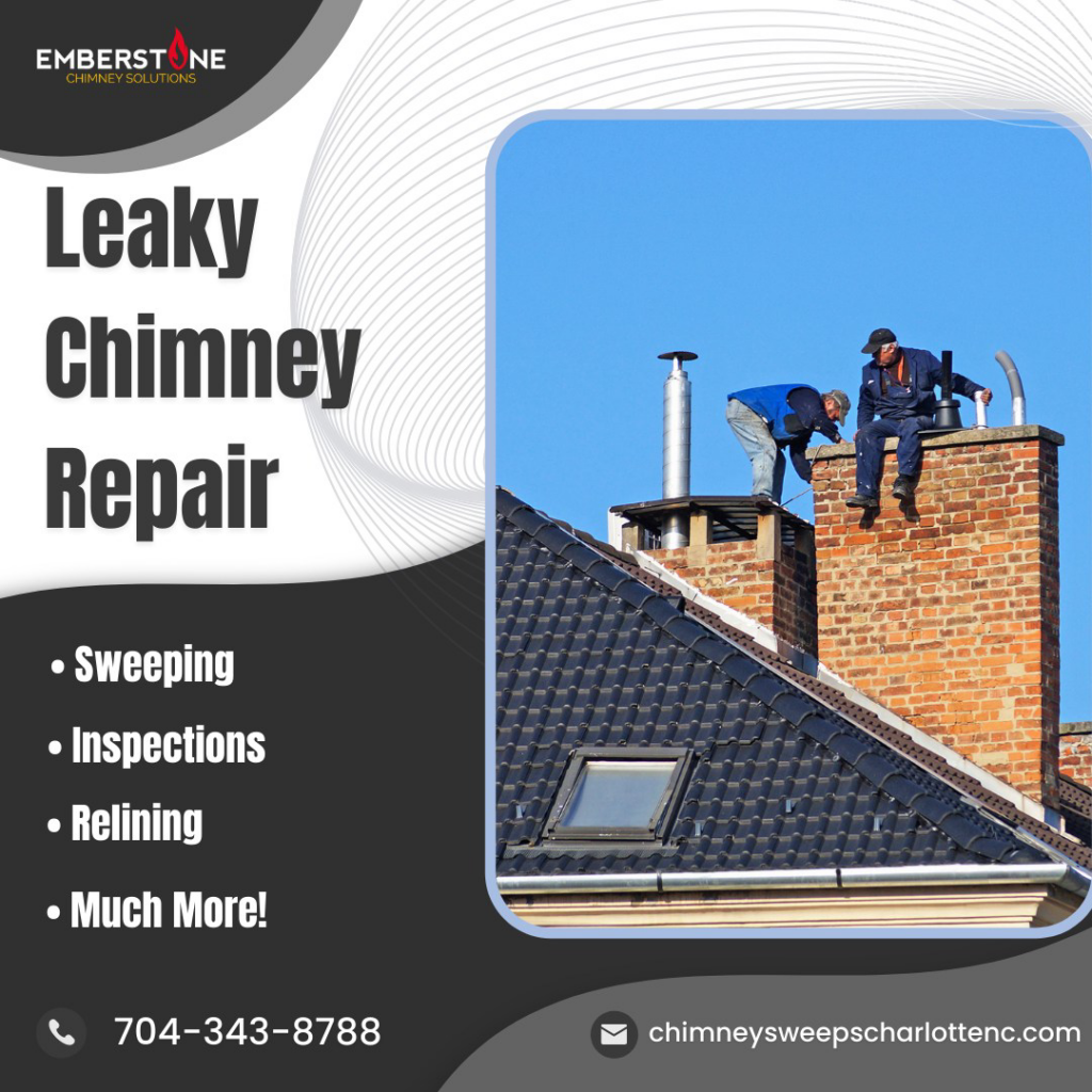 Two technicians from Emberstone Chimney Solutions on a roof, inspecting or repairing a chimney in Charlotte, NC.