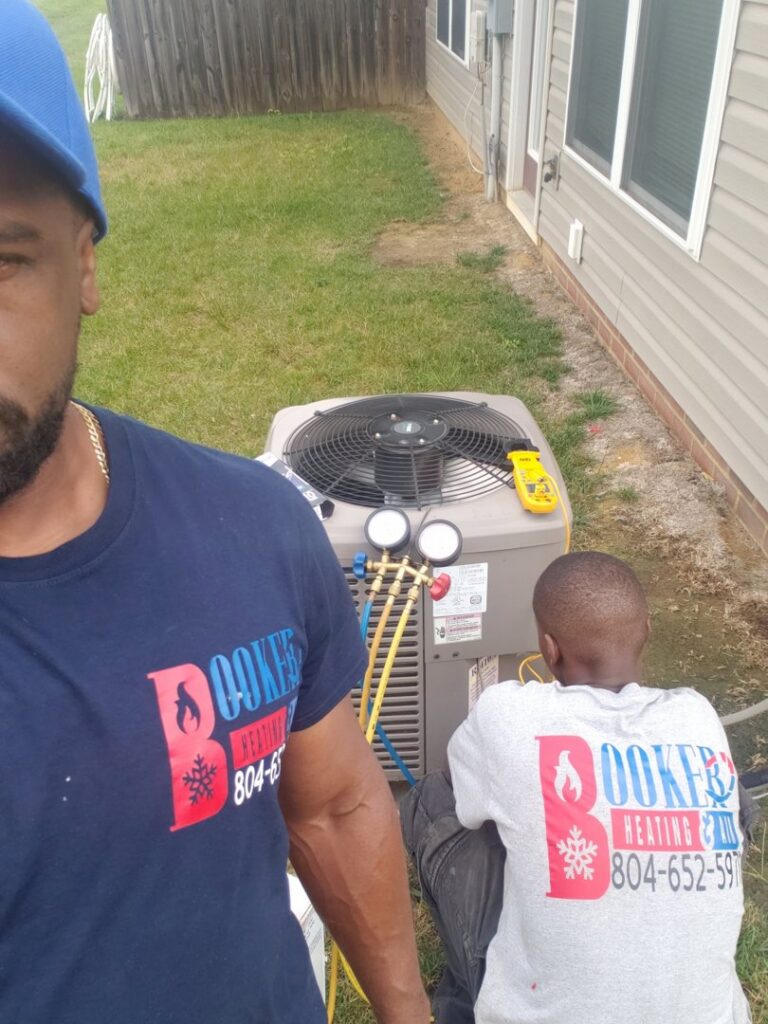 Two technicians from Booker Heating & Air servicing an outdoor air conditioning unit in Richmond, VA.