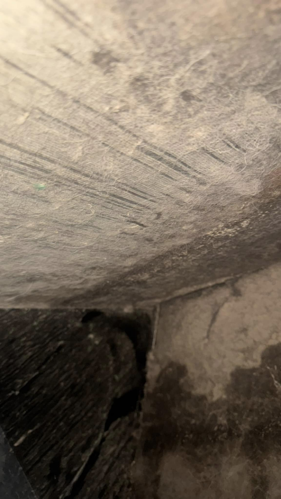 An unclean interior view of an HVAC system component, demonstrating the need for professional cleaning by Charlie Foxtrot HVAC in Gilbert, AZ.