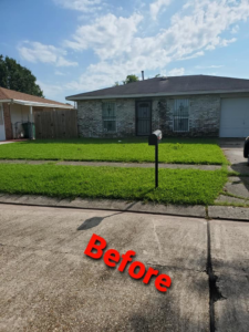An unmowed lawn in front of a house before service by Fresh Cuts Nola Lawn Service in New Orleans, LA.