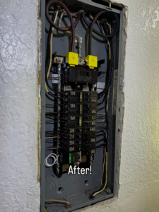An upgraded electrical panel with new wiring and circuit breakers after service by Bold City Electric in Jacksonville, FL.