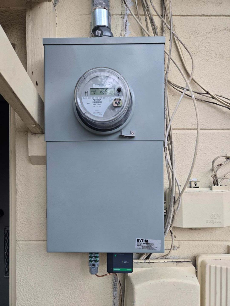 An upgraded exterior electrical meter and panel by Crawford Electric Services, LLC in Kings Mountain, NC.