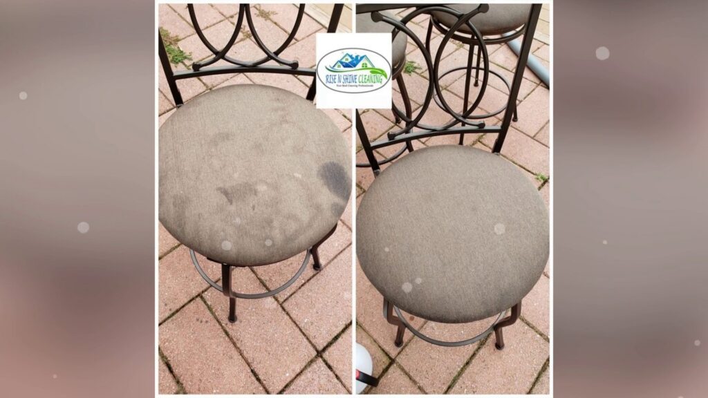 Before and after cleaning of an upholstered bar stool by Rise N Shine Cleaning in San Antonio, TX