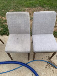 Two upholstered dining chairs, one dirty and one professionally cleaned by JS Carpet Cleaning in San Jose, CA