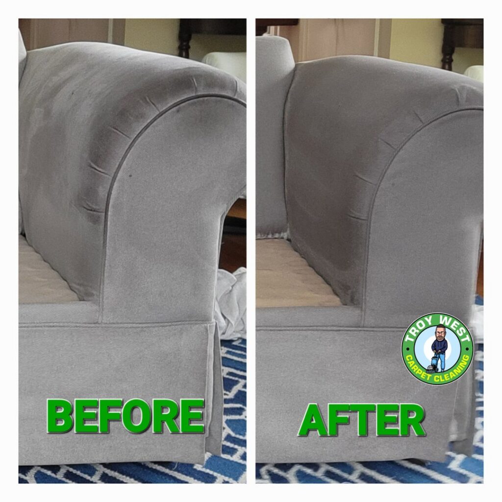 A gray couch armrest before and after cleaning by Troy West Carpet Cleaning in Morristown, VT.